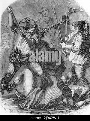 Revolution Francaise, Massacers de septembre : Hinrichtungen von Royalistes, prres refractaires dans les Prisons parisiennes par les septembrisseurs Debüt septembre 1792, pris par la panique provquee par l’Invasion austro-prussienne - (die Massaker im September waren eine Reihe von Tötungen von Gefangenen in Paris, die 1792 vom Sonntag an, 2. September bis Donnerstag, 6. September, während der Französischen Revolution, wurde die Hälfte der Gefängnisbevölkerung von Paris von Föderierten, Wachmännern und Sans-Culotten getötet, mit Unterstützung von Gendarmen, die für die Bewachung der Tribunale und Gefängnisse verantwortlich sind) Gravure tyree Stockfoto