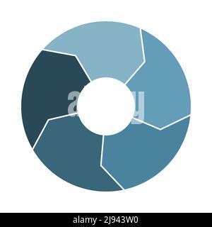 Lebenszykluszirkulation mit 5 Pfeilen. Infograf „fünf dicke Teile drehen“. Infografiken aus blauem Stahl in Marineblau. Flache Vektorgrafik. Stock Vektor