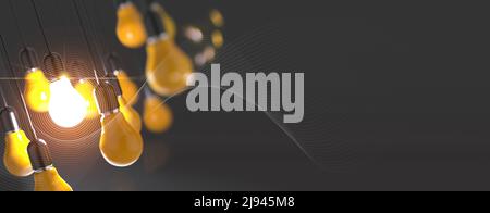 Glühende 3D-Glühlampe zwischen den anderen auf grauem Hintergrund. Führung, Innovation, große Idee und individuelle Konzepte. 3D Rendern. Stockfoto