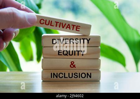 Kultivieren von Vielfalt, Gleichheit und Einbeziehung Text auf Holzblöcken. Konzept der Zweisamkeit Stockfoto