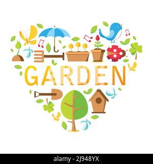 Gartenwerkzeuge Sammlung mit Baum, Topf, Boden, Gießkanne, Vogelhaus und viele andere Objekte auf dem weißen Hintergrund Vektor-Illustration Stock Vektor