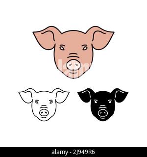 Schwein-Kopf-Vektor-Illustration in 3 Stilen isoliert auf weißem Hintergrund. Stock Vektor