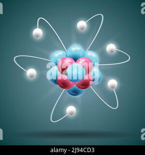 Science Atom Kette in weiß blau und rot auf Dunkelgrüner Hintergrund mit Schatten 3D Vektor-Illustration Stock Vektor