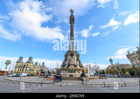 Barcelona, Spanien. Das Kolumbus-Denkmal oder der Colon (Mirador de Colom) ist ein 60 m hohes Denkmal für Christoph Kolumbus Stockfoto