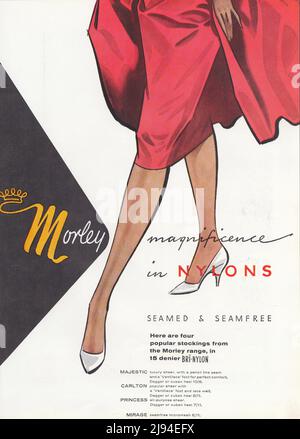 Morley-Strümpfe, die in der Werbung für Vintage-Papier-Werbung 1980s 1970s aus dem Nylon-Gewebe verwendet werden Stockfoto