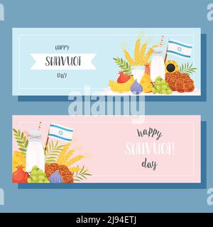Happy Shavuot Tag Grußkarten Set. Übersetzung aus dem hebräischen Text - Happy Shavuot. Vektorgrafik Stock Vektor