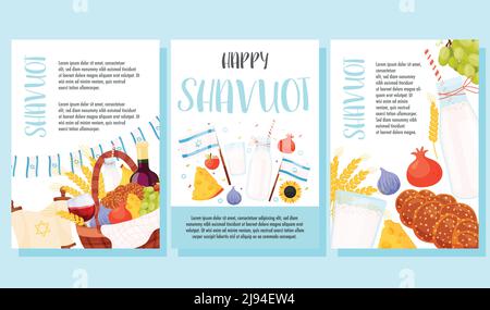 Happy Shavuot Tag Grußkarten Set. Übersetzung aus dem hebräischen Text - Happy Shavuot. Vektorgrafik Stock Vektor