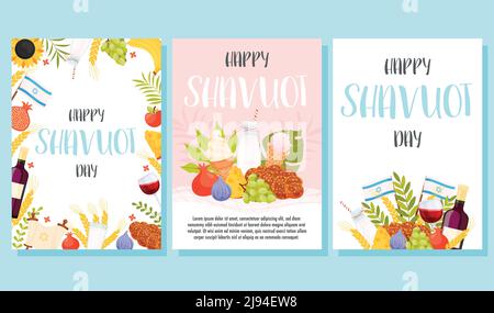 Happy Shavuot Tag Grußkarten Set. Übersetzung aus dem hebräischen Text - Happy Shavuot. Vektorgrafik Stock Vektor