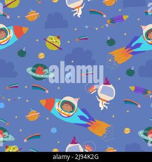 Nahtloses Muster mit Mädchen Astronaut, Sterne, Planeten und Aliens Stock Vektor