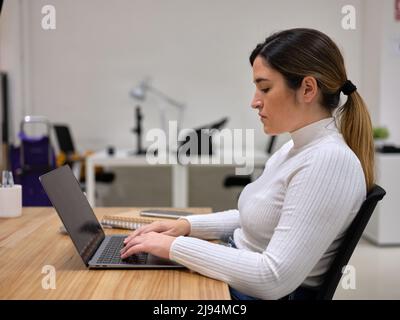 Seitenansicht einer unternehmungslustigen Frau, die mit ihrem Computer auf ihrem Desktop arbeitet, Bürogeräte im Hintergrund Stockfoto