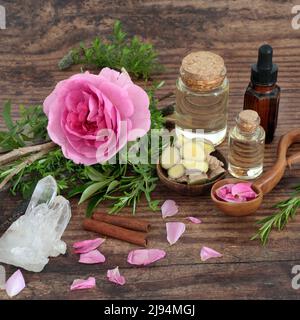 Zaubertrank Zubereitung mit Hexenbündel aus Kräutern und Rosenblüten, Quarzkristall, Zimt, Ingwer, Tinktur-Flasche, Blütenblätter im Liebeslöffel. Stockfoto