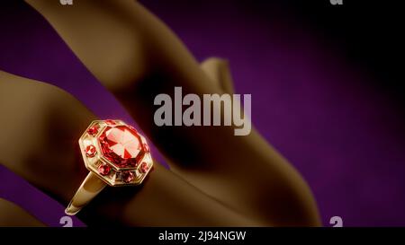 goldener Ring am Finger mit rotem Ruben Edelstein, fiktiv - Objekt 3D Abbildung Stockfoto