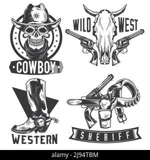 Set von Cowboy-Emblemen, Etiketten, Abzeichen, Logos. Isoliert auf Weiß Stock Vektor