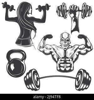 Set von Turnhalle-Elemente für die Erstellung Ihrer eigenen Abzeichen, Logos, Etiketten, Plakate etc. Isoliert auf weiß. Stock Vektor