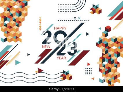 Frohes neues Jahr 2023 Cover mit modernen geometrischen abstrakten Hintergrund. Frohes neues Jahr Grußkarte Banner-Design für 2023 Kalligraphie enthält bunte Stock Vektor