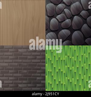 Vector Set von Texturen für die Inneneinrichtung in Öko-minimalistischen Stil: Holz, graue Ziegelwand, grüner Bambus, Steinwand. Stock Vektor