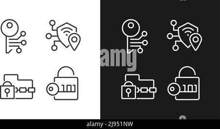 Verschlüsselungstechnologien Pixel perfekte lineare Symbole für den dunklen, hellen Modus eingestellt Stock Vektor