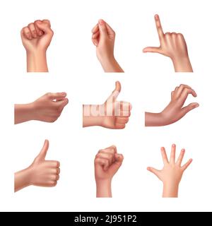 Handsatz in verschiedenen Gesten, Emotionen und Zeichen auf weißem Hintergrund Stock Vektor