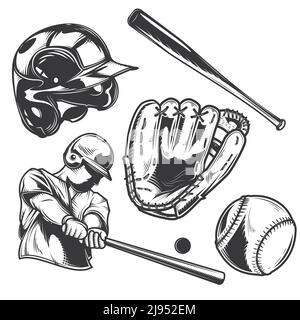 Set von Baseball-Ausrüstung (Schläger, Ball, Handschuh, Helm) und ein Spieler für die Erstellung Ihrer eigenen Abzeichen, Logos, Etiketten, Poster etc. Isoliert auf weiß. Stock Vektor