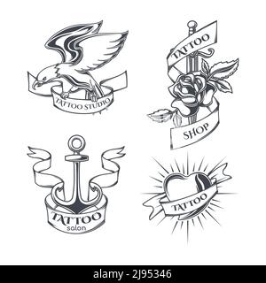 Set von Tattoo Embleme, Etiketten, Abzeichen, Logos. Isoliert auf Weiß Stock Vektor