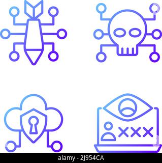 Bösartige Online-Aktivität Pixel perfekte Gradienten lineare Vektor-Symbole gesetzt Stock Vektor