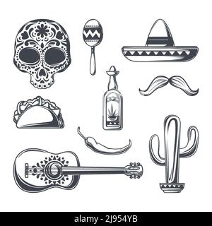 Set aus mexikanischen Elementen (Sombrero, Schnurrbart, Tequila, Pfeffer, Kaktus etc.) für die Erstellung Ihrer eigenen Abzeichen, Logos, Etiketten, Plakate etc. Isoliert auf weiß Stock Vektor