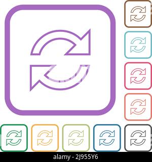Pfeile zum Aktualisieren umreißen einfache Symbole in farbigen abgerundeten quadratischen Rahmen auf weißem Hintergrund Stock Vektor