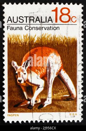 AUSTRALIEN - UM 1971: Eine in Australien gedruckte Marke zeigt Kangaroo, Macropodidae, Fauna Conservation, um 1971 Stockfoto