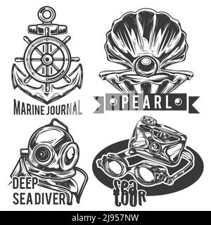 Set von Meer Embleme, Etiketten, Abzeichen, Logos. Isoliert auf Weiß Stock Vektor