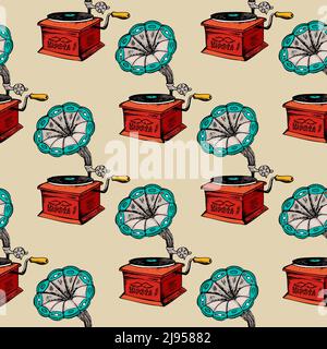 Retro Grammophon Nahtloses Muster. Vintage Hintergrundmusik Sound, Vektor-Illustration Stock Vektor