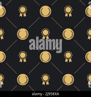 Lorbeerkranz und Abzeichen nahtlos in Muster. Hintergrund mit goldenem Emblem, Vektorgrafik Stock Vektor