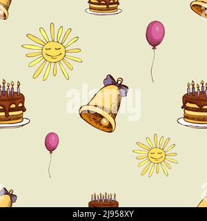 Muster mit Sonne, Glocke und Kuchen. Hipster Dekoration nahtlose Hintergrund. Vektorgrafik Stock Vektor
