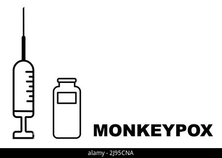 Impfstoff. Affenpocken. Pockenimpfstoff. Aufbau eines Impfstoffes mit Injektion, Spritze und Durchstechflasche. Impfstoff gegen Monkeypocken. Klasse 2. Stockfoto