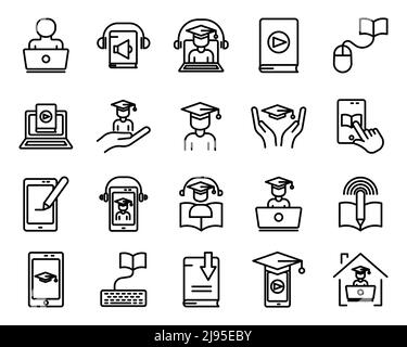 Vektor-Symbolsatz für Online-Bildung. Virtuelle Bildung, Elektronisches Lernen. Linienikone. Einfaches Design Illustration editierbar Stock Vektor