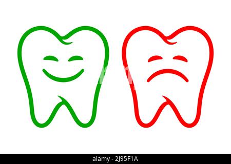 Glückliche und traurige Zähne lustige medizinische Logo. Lächelnd und wütend Zahn Vektor-Icon-Set. Stock Vektor