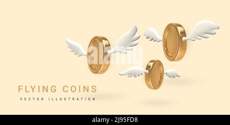 3D fliegende goldene Münze mit isolierten Flügeln auf weißem Hintergrund. Vektorgrafik. Stock Vektor