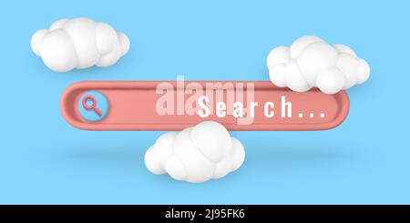 Realistisches design-Element mit 3D Suchbalken und Wolken im Cartoon-Minimal-Stil auf hellblauem Hintergrund. Vektorgrafik. Stock Vektor
