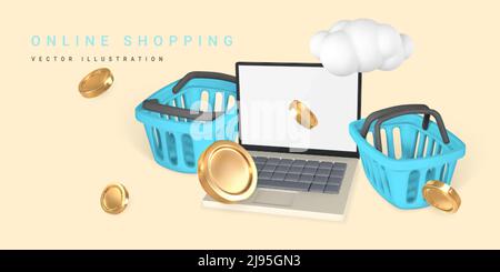 Online-Shopping-Konzept. Realistischer 3D Laptop mit blauem Warenkorb, Korb und fliegenden Münzen. Online-Shop. Vektorgrafik. Stock Vektor