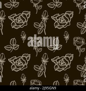 Nahtloses Muster, handgezeichnete Skizzenzeichnung einer Rose. Rose mit Blättern und Knospen. Blumen. Schwarze Umrisszeichnung. Symbol. Valentinstag. Vecto Stock Vektor