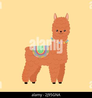 Lustiges Lama isoliert auf beigem Hintergrund. Niedlicher Kawaii Alpaka-Charakter Stock Vektor