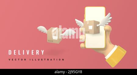 Konzept des Online-Lieferservice. 3D fliegendes Paket mit Flügeln vom Telefon in der Hand. Vektorgrafik. Stock Vektor