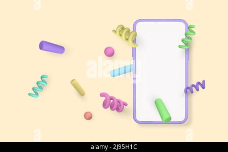 3D Süße Cartoon Handy-Smartphone mit Konfetti fliegen herum. Vektorgrafik. Stock Vektor
