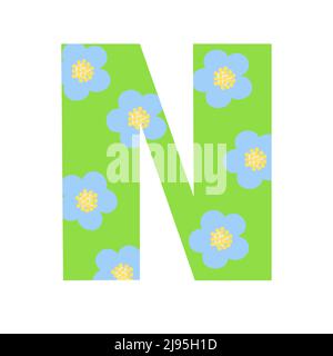 Capital leuchtend grün mit Frühlingsblumen von Hand gezeichneten Buchstaben N des englischen Alphabets einfache Cartoon-Stil Vektor-Illustration, kalligraphische abc, nette lustige Handschrift, Doodle und Schriftzug dekoriert Stock Vektor