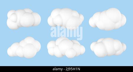 3D Plastikwolken. Satz von runden Cartoon flauschige Wolken isoliert auf einem blauen Hintergrund. Vektorgrafik. Stock Vektor