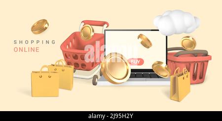 Online-Shopping-Konzept. Realistischer 3D Laptop mit rotem Warenkorb, Korb und Einkaufstaschen. Online-Shop. Vektorgrafik. Stock Vektor