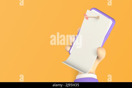 3D Süße Cartoon-Hand hält Handy mit Dokument oder Rechnung genagelt auf den Bildschirm. Vektorgrafik. Stock Vektor