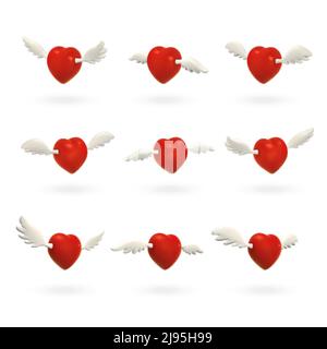 Set von 3D fliegenden Herzen mit Flügeln. Dekorative Elemente. Valentinstag-Konzept. Vektorgrafik. Stock Vektor