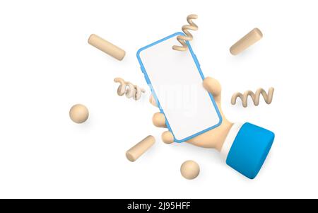 3D Cute Cartoon Charakter Hand hält Handy mit Konfetti herumfliegen. Vektorgrafik. Stock Vektor