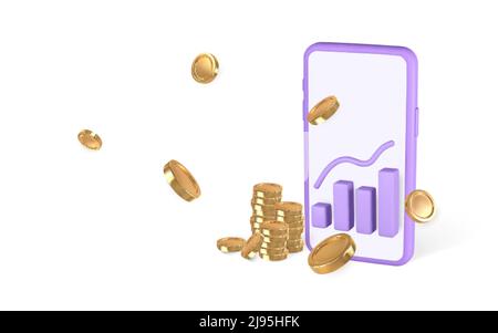 3D Süße Cartoon-Smartphone mit Aktien-Trading-Grafik und fliegende Münzen. Geschäftsdiagramm. Business Invest Development Konzept. Vektorgrafik. Stock Vektor