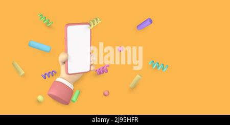3D Cute Cartoon Charakter Hand hält Handy mit Konfetti herumfliegen. Vektorgrafik. Stock Vektor